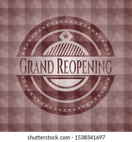 Grand Reopening red seamless badge with geometric pattern background.