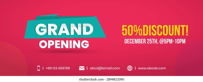 Grand reopening simple facebook cover and banner with 50% discount in red color with address and contact details. Opening cover banner with fifty percent discount for website and email marketing
