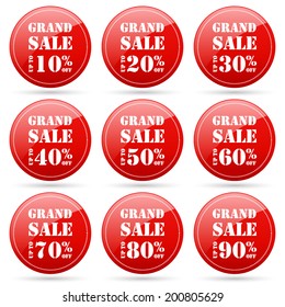 grand sale up to 10,20,30,40,50,60,70,80,90 percent on circle red label set (vector)