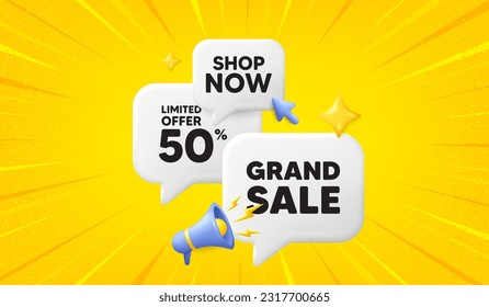 Grand sale tag. 3d offer chat speech bubbles. Special offer price sign. Advertising discounts symbol. Grand sale speech bubble 3d message. Talk box megaphone banner. Vector