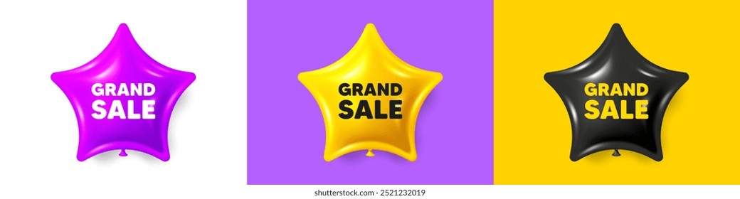 Grand sale tag. Birthday star balloons 3d icons. Special offer price sign. Advertising discounts symbol. Grand sale text message. Party balloon banners with text. Birthday or sale ballon. Vector