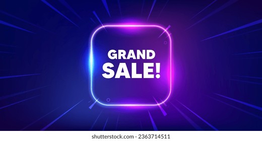 Grand sale tag. Neon light frame box banner. Special offer price sign. Advertising discounts symbol. Grand sale neon light frame message. Vector