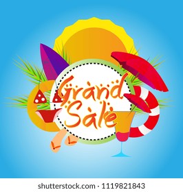 grand sale, vector beautiful greeting card or label with beach or summer theme and handrawn text.