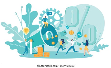 Grand Sales and Prices Fall Announcement Metaphor. Man Sitting on Huge Megaphone and Attracting Customers. Marketing and Targeting. Discount and Best Offer Advert. Vector Cartoon Flat Illustration