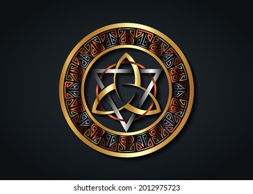 The Grand Seal of gold Triquetra with silver Triangle and bronze Circle logo, Metallic Frame Trinity Knot, Pagan Celtic symbol Triple Goddess. Wicca sign, book of shadows, vector isolated on black