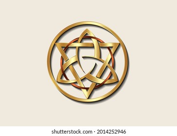 The Grand Seal of gold Triquetra with Triangle and bronze Circle logo, Luxury Metallic round Trinity Knot, Pagan Celtic symbol Triple Goddess. Wicca sign, book of shadows, vector isolated on white