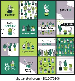 Grand set of cute cactus lover greeting cards. Collection of templates with succulents in flower pots, heart-shaped cacti and hand lettering phrases.