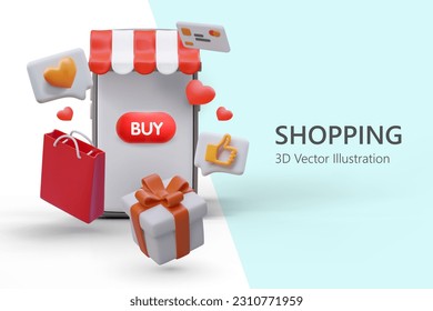 Grand shopping. Application for booking goods. Gifts for all holidays. Online payment for purchases. Poster with 3D store in smartphone. Product rating, customer comments