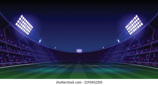 Grand stadium full of spectators expecting an evening match on the green grass field. Sport building 3D professional background illustration. - Shutterstock ID 2193452205