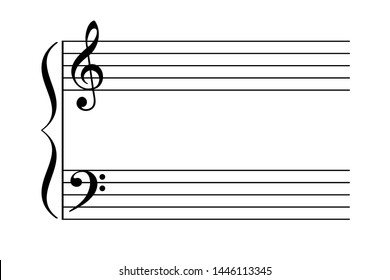 Grand staff, also great stave. Two staves are joined by brace to be played by one performer on a keyboard instrument or harp. Typically with treble clef and bass clef. Illustration over white. Vector.