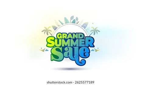 Grand Summer Sale, desconto, oferta e ofertas logotipo promoção e Poster. fundo tropical com tipografia 3d.