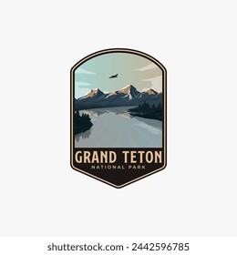 Grand Teton National Park logo badge emblem illustration, Beautiful Mountain river landscape design