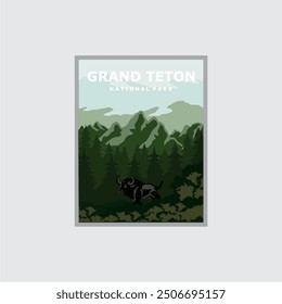 Ilustración del cartel del logotipo del Parque Nacional Grand Teton, hermoso diseño del paisaje del río de la montaña