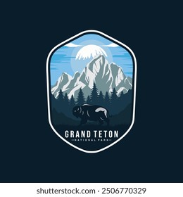 Ilustración del emblema de la insignia del logotipo del Parque Nacional Grand Teton, hermoso diseño del paisaje del río de la montaña