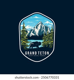 Grand Teton National Park logo badge emblem illustration, Beautiful Mountain river landscape design