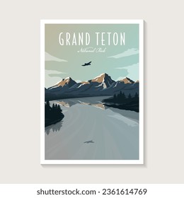 Afiche del parque nacional del Gran Teton, diseño de afiches sobre el paisaje del hermoso río Montaña