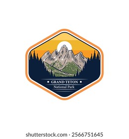 Grand teton national park sunset design retro badge graphic