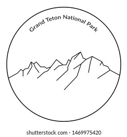 The Grand Teton National Park. Vector outline black silhouette on white background. An illustration of mountain range in a circle. - Vector