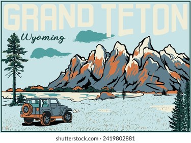 grand teton national park wyoming vector illustration, retro vintage mountain lake vector art, summer road trip artwork for t shirt, poster, graphic print, Wyoming teton mountains