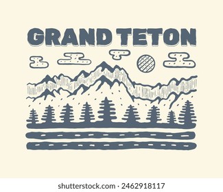 Grand Teton National Park Wyoming hand drawing vintage vector art for badge, patch, t shirt , sticker illustration