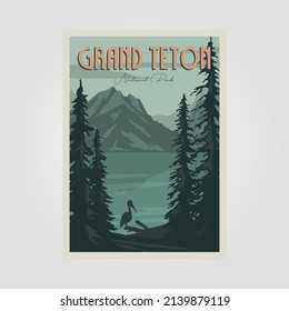 grand teton national perk poster vector vintage illustration design, grant teton lake and mountain poster