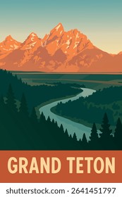 The Grand Teton Range is illuminated by the warm light of sunrise, with the Snake River winding through the foreground. The peaceful scene captures the rugged beauty of Wyoming’s iconic national park
