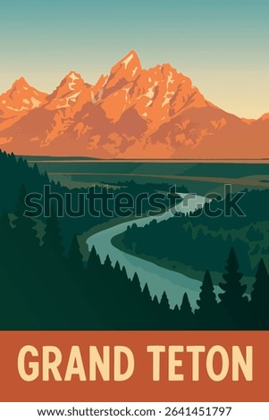 The Grand Teton Range is illuminated by the warm light of sunrise, with the Snake River winding through the foreground. The peaceful scene captures the rugged beauty of Wyoming’s iconic national park