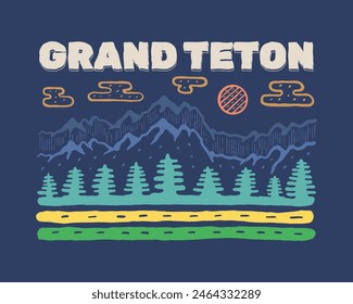 Grand Teton Wyoming hand drawing vector art for badge, patch, t shirt , sticker illustration