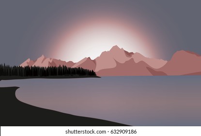 Grand Tetons vector illustration colorful background with mountain range and lake with sunset and trees