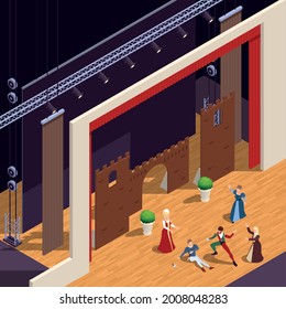 Grand theatre isometric background with classic performance symbols vector illustration