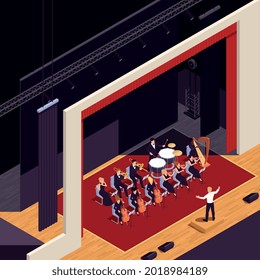 Gran representación teatral fondo isométrico con símbolos de orquesta ilustración vectorial
