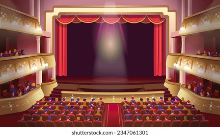 Grand Theatre. Theater stage with people. Theater scene interior with balconies and seats. A theater stage with a red open curtain and columns. Vector template illustration