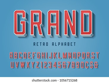 Grand trendy retro display font design, alphabet, typeface, letters and numbers, typography. Swatch color control.