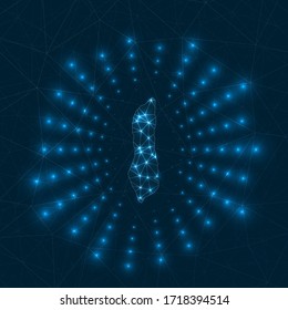 Grand Turk Island digital map. Glowing rays radiating from the island. Network connections and telecommunication design. Vector illustration.