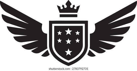 Grand vector emblem showcasing a winged shield adorned with multiple stars and surmounted by a royal crown, an ideal symbol for strength, achievement, and prestigious status.