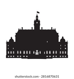 Grand vector silhouette of a historic building, featuring a prominent central clock tower and a flag. This architectural graphic evokes a sense of authority, tradition, and timelessness, ideal for representing government buildings, old universities, or historical landmarks with classic design.