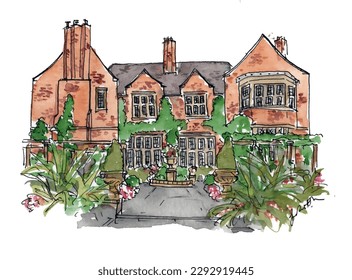 Grand Victorian hotel with landscaped gardens. Chimneys, drive, windows. Wedding venue. Watercolour sketch illustration. Isolated vector.