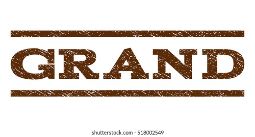 Grand watermark stamp. Text caption between horizontal parallel lines with grunge design style. Rubber seal stamp with unclean texture. Vector brown color ink imprint on a white background.
