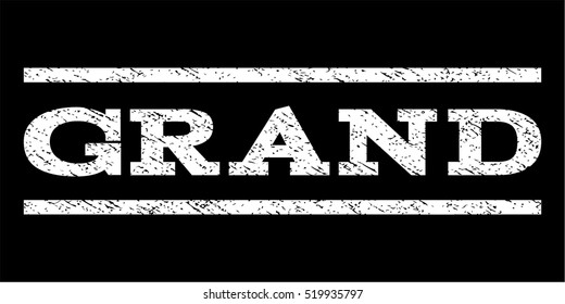 Grand watermark stamp. Text tag between horizontal parallel lines with grunge design style. Rubber seal stamp with scratched texture. Vector white color ink imprint on a black background.