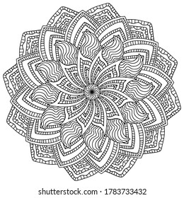 Grand wild blossom flower coloring page mandala. Black symmetry ornamental mandala isolated on white background. Creative ornate blooming jungle fantasy flower mandala stock vector illustration.