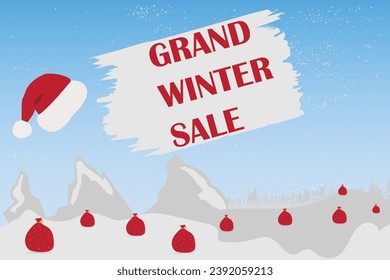 Grand winter sale vector banner, social media post, business promotion advertisements, Santa gift icon, Santa hat, biggest sale design, size 5000 * 3334.