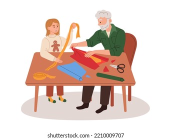 Grandad and girl preparing Christmas gift, wrapping present boxes in festive paper.  Xmas holiday preparation. Flat vector illustration isolated on white background.