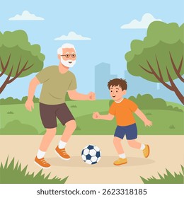 Grandather plays football with grandson in park.Family recreation. Vector Illustration