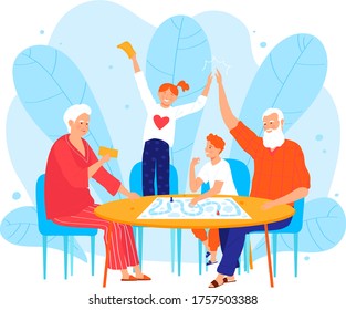 Grandchild Character People Visit Grandparent, Aged Male Female Fun Children Isolated On White, Cartoon Vector Illustration. Family Together Play Board Game, Kid And Grandma Grandpa.