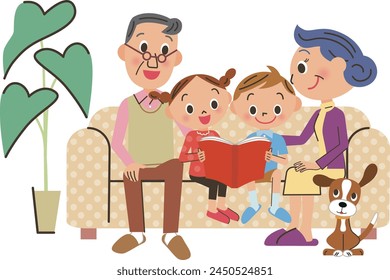 Grandchild and elderly couple relaxing on the sofa