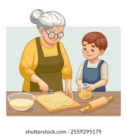 A grandchild helps grandmother to bake, vector illustration, eps10