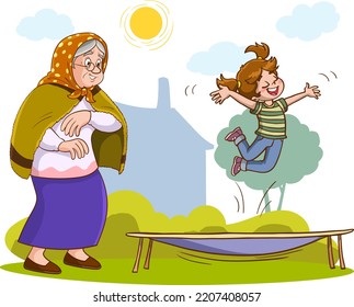 grandchild jumping on the trampoline and his grandmother watching him