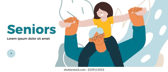 Grandchild sit on grandfathers shoulders, senior adult hold kids arms above his head on abstract background. Modern flat vector illustration. Seniors. Landing page and website banner template.