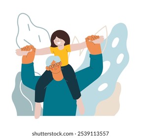 Grandchild sit on grandfathers shoulders, senior adult hold kids arms above his head on abstract background. Modern flat vector illustration. Seniors. Landing page and website banner template.