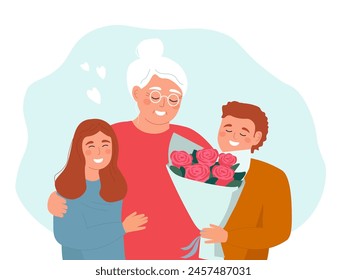 
The grandchildren congratulate their grandmother, hug her, and give her flowers. An elderly woman and kids together. Vector graphics.